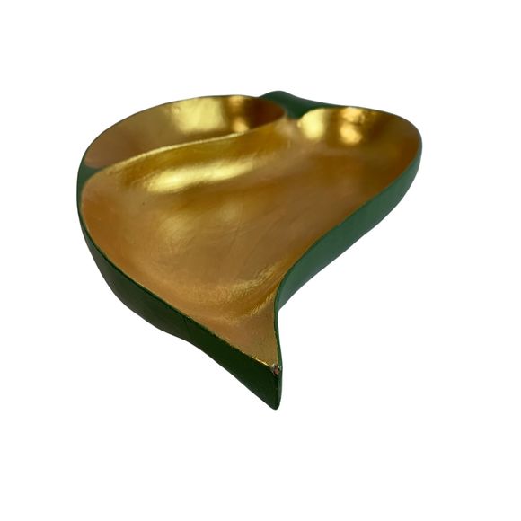 Trinket Dish Wood Low Leaf Bowl 2 Section Green Metallic Gold Monkey Pod Hawaii - Picture 4 of 9
